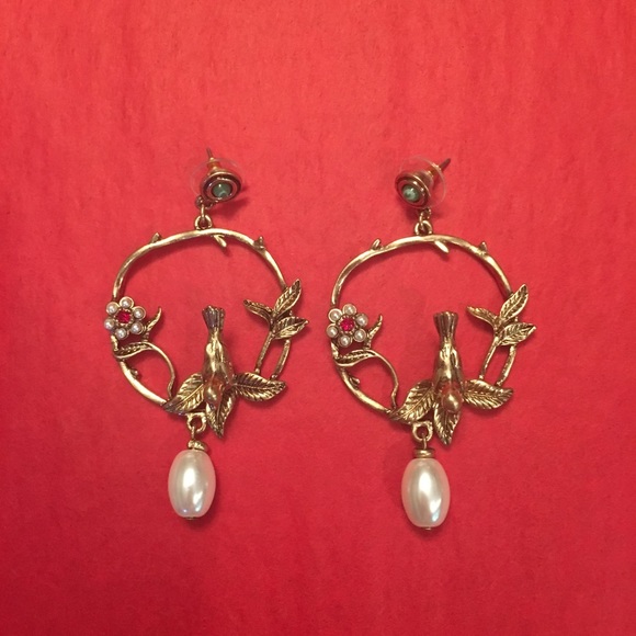 ✨🌟✨Green Crystal Vintage Insp Bird Twig Hoops - Picture 7 of 8